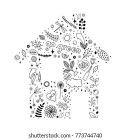 Eco friendly abstract isolated elements in shape of house. Hand drawn black and white illustration. Cartoon, doodle, pattern. Go green vector. Save the nature. Ecology concept.