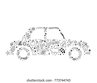 Eco friendly abstract isolated elements in shape of electro car. Hand drawn black and white illustration. Cartoon, doodle, pattern. Go green vector. Save the nature. Ecology concept.