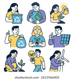 Eco friendly actions and sustainability illustrated with people engaging in recycling, planting,.