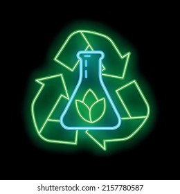 Fuente de energía alternativa ecológica e icono de reciclado de residuos, concepto de ecología verde de la tierra resplandece neón ilustración de vector plana, aislado en negro. Ambiente del mundo de limpieza.