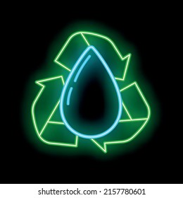 Fuente de energía alternativa ecológica e icono de reciclado de residuos, concepto de ecología verde de la tierra resplandece neón ilustración de vector plana, aislado en negro. Ambiente del mundo de limpieza.