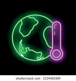 Eco friendly alternative energy source and waste recycling icon, concept green eco earth glow neon flat vector illustration, isolated on black. Cleaning world atmosphere.