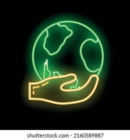 Eco friendly alternative energy source and waste recycling icon, concept green eco earth glow neon flat vector illustration, isolated on black. Cleaning world atmosphere.