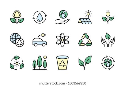 Eco friendly and alternative energy sources vector linear icons simple set colored. Linear ecology icons. Collection of energy icons. Isolated contour illustrations for websites on white background.