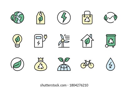 Eco friendly and alternative energy sources. Simple set of colored vector linear icons. Linear symbols of ecology. Energy icon collection. Isolated contour illustrations for websites.