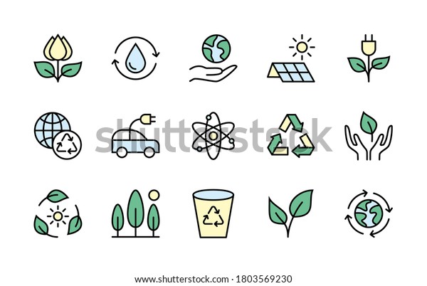 Eco friendly and alternative energy sources\
vector linear icons simple set colored. Linear ecology icons.\
Collection of energy icons. Isolated contour illustrations for\
websites on white\
background.