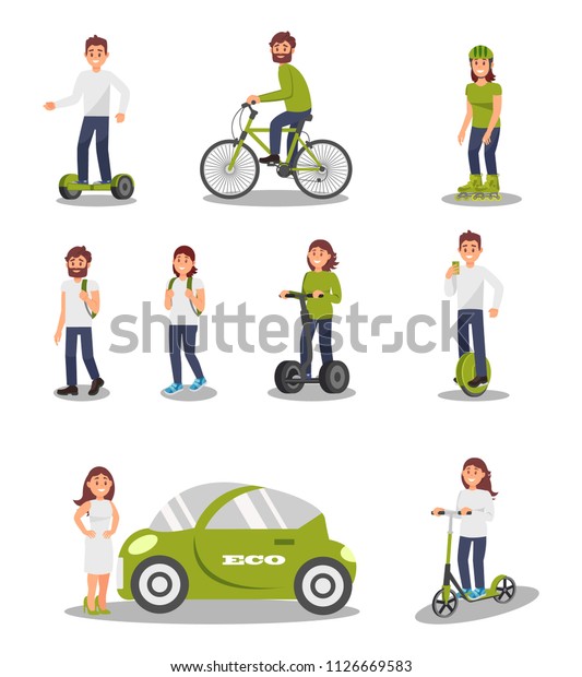Eco friendly alternative\
transportation vehicle set, people riding modern electric car,\
scooter, bicycle, segway, healthy and active lifestyle vector\
Illustrations