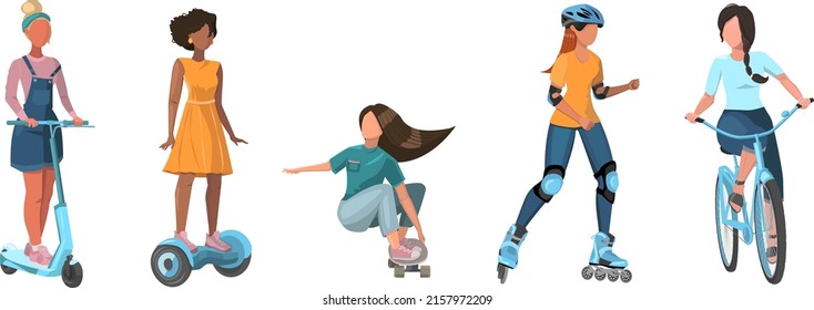 Gruppe aktiver Frau. Gesunder Lebensstil, Aktivitäten im Freien. Fahrradfahren, Skateboarden, Rollerblading, Vektorgrafik-Set. Elektro-Scooter, Fahrradskateboard und Hoverboard. 