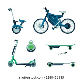 Vehículos alternativos ecológicos. Motocicleta eléctrica moderna, giroscopio, patinador gráfico pateador gráfico vectorial