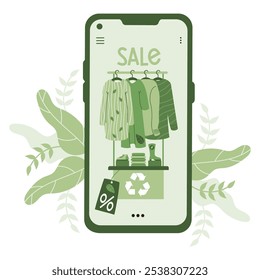 Eco friendly apparel online shopping. Phone screen with natural environmentally Fashionable Eco-conscious clothing on hangers. Sale. Vector illustration. Concept Sustainable Fashion environmental care