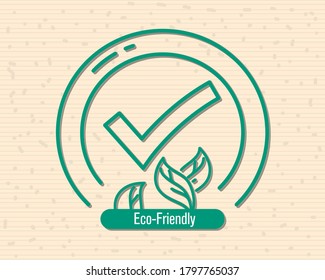 Eco friendly approved check mark over recycled texture background 