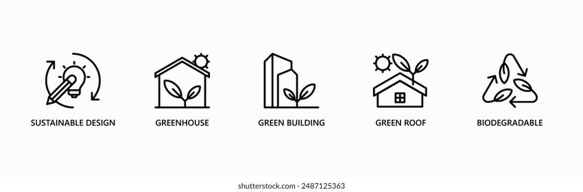 Concepto De La Ilustración vectorial Del Icono Del Web Del Anuncio De La Arquitectura Amigable Del Eco Con El Icono Del Diseño Sostenible, Invernadero, Edificio Verde, Techo Verde, Biodegradable