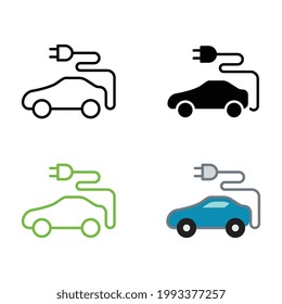 Eco friendly automobile or electric vehicle concept as modern electric in green energy refueling and e-mobility charging. Electric car icon. Vector ilustration. Design on white background. EPS 10