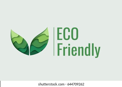 Eco Friendly background. Vector 3d paper cut eco friendly concept design. Paper carving layer green leaves shapes with shadow