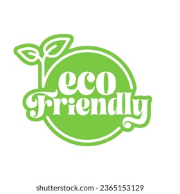 Sello de insignia eco-amigable. Pegatina del logo ecológico con hoja. Conservación ambiental y diseño de conciencia de sostenibilidad ecológica.