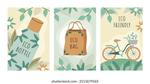 Eco friendly. Eco bag, eco bottle, bicycle. Go green. Zero waste. Banner, poster, card. Flat vector illustration.