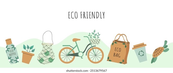 Eco friendly. Eco bag, eco bottle, bicycle. Go green. Zero waste. Banner, poster, card. Flat vector illustration.