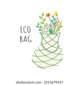 Eco friendly. Eco bag with leaves, flowers, greens. Go green. Flat vector illustration.