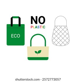 Eco Friendly Bags With No Plastic Text In Flat Vector Illustration Symbolizing Sustainable Shopping And Environmental Awareness, Isolated On White Background