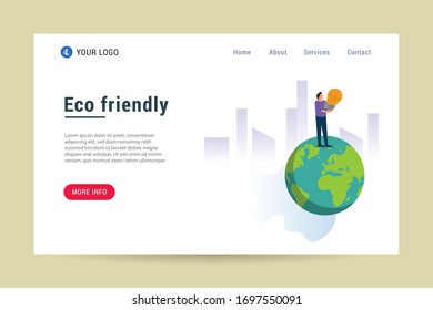 eco friendly banner concept - man holding bulb on planet earth.Conceptual vector illustration in flat style design.Isolated on background.