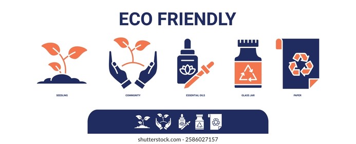 Eco Friendly banner web icon illustration concept with icon of seedling, community, essential oils, glass jar, and paper