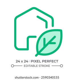 Eco friendly barn duotone color ui icon. Farm building with leaves. Sustainable agricultural industry. Livestock. Isolated vector illustration. Web design user interface element, pixel perfect