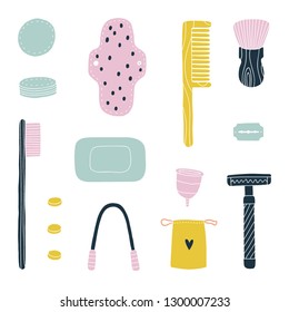 Eco friendly bathroom kit. Zero waste toiletries. Vector hand drawn illustration