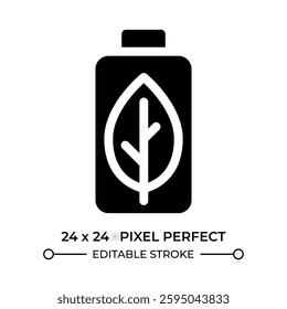 Eco friendly battery glyph ui icon. Rechargeable accumulator with leaf. Minimize resource depletion. Black solid silhouette symbol vector. User interface element isolated, pixel perfect