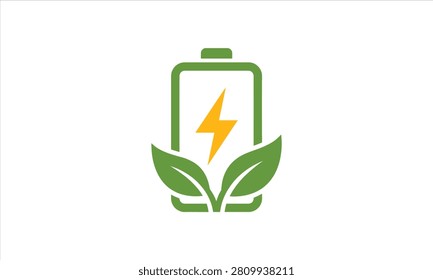 Eco friendly battery with green leaves and yellow lightning bolt symbolizing sustainable energy and power