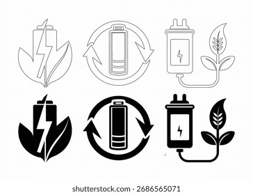 Eco Friendly Battery Icon Set Símbolos de carregamento de energia renovável com energia verde e conceito de reciclagem em linha e estilo sólido