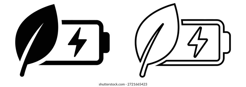 Iconos de batería ecológicos con diseño de hoja para energía negra, conjunto de iconos de batería ecológicos. Iconos respetuosos del medio ambiente de la batería con el símbolo de la hoja, iconos respetuosos del medio ambiente de la batería con la hoja y símbolos del relámpago