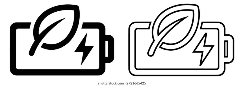 Iconos de batería ecológicos con diseño de hoja para energía negra, conjunto de iconos de batería ecológicos. Iconos respetuosos del medio ambiente de la batería con el símbolo de la hoja, iconos respetuosos del medio ambiente de la batería con la hoja y símbolos del relámpago