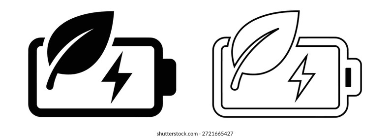 Iconos de batería ecológicos con diseño de hoja para energía negra, conjunto de iconos de batería ecológicos. Iconos respetuosos del medio ambiente de la batería con el símbolo de la hoja, iconos respetuosos del medio ambiente de la batería con la hoja y símbolos del relámpago