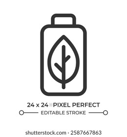 Eco friendly battery line ui icon. Rechargeable accumulator with leaf. Minimize resource depletion. Isolated vector outline symbol. Webdesign user interface element linear, pixel perfect