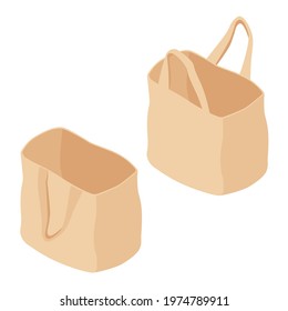 Eco friendly beige colour fashion canvas tote bag isolated on white background. Reusable bag for groceries and shopping. Vector