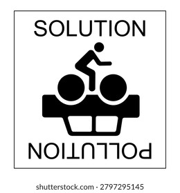 Eco friendly bicycle vs car pollution concept vector icon with solution and pollution text sign.