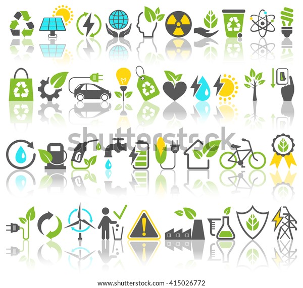 Eco Friendly Bio Green
Energy Sources Icons Signs Set with Reflection Isolated on White
Background