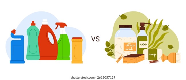 Eco friendly biodegradable organic cleaning products vs chemical detergents, infographic banner to compare cleaner products. Plastic bottles piles and homemade cleaners cartoon vector illustration