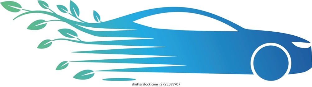 Umweltfreundliches blaues Auto mit grünen Blättern, die hinter uns fließen, symbolisiert nachhaltigen Transport und umweltfreundliches Reisen