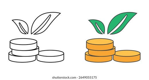Eco amigável BNPL ícone opção com folha e moedas, ideal para compras sustentáveis, finanças verdes, e comprar agora pagar ilustrações posteriores.