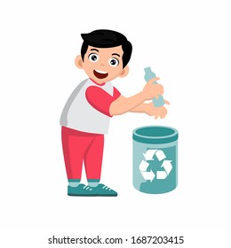 Eco - friendly boy throwing plastic bottle in recycle bin. Full length of little boy throwing plastic waste in recycling bin. Vector sketch cartoon illustration isolated on white background.