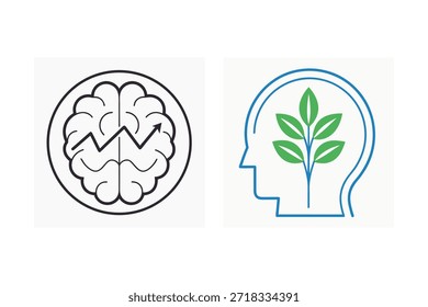 Iconos de cerebro y cabeza ecológicos con símbolos de crecimiento y salud Conceptos de bienestar mental y sostenibilidad