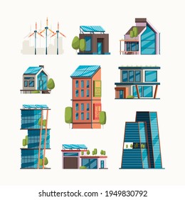 Eco friendly buildings. Smart city with future eco buildings and solar panels windmills garish vector flat orthogonal pictures collection isolated