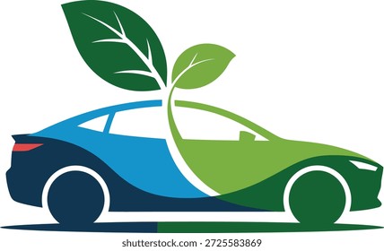 Umweltfreundliches Auto mit grünem Blatt, das aus ihm wächst und einen nachhaltigen Transport und Umweltschutz symbolisiert