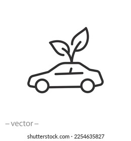 eco friendly car icon, green transport concept, electric auto, clean environmental, modern hybrid vehicle, thin line symbol on white background - editable stroke vector illustration