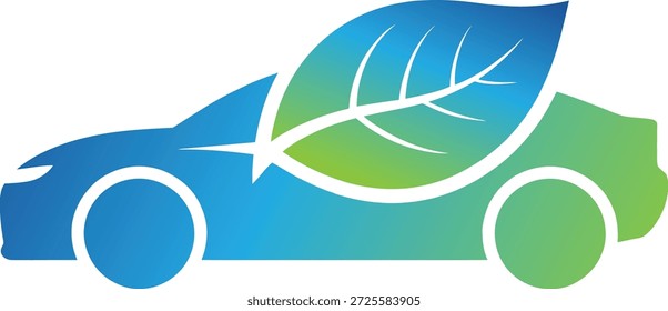 Carro ecológico com símbolo de folha representando transporte sustentável e energia verde com um fundo gradiente azul e verde
