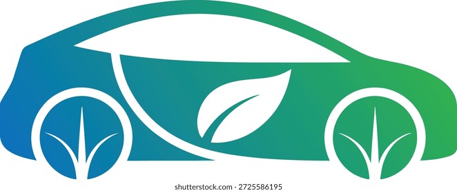 Umweltfreundliches Auto mit Blattsymbol auf der Seitenwand grün blau Farbverlauf nachhaltiges Transportkonzept umweltfreundliches Fahrzeugblattdesign modernes Öko-Auto