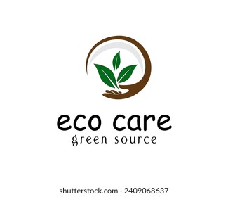 diseño del logotipo de cuidado ecológico 3 hojas acompañadas de manos circulares