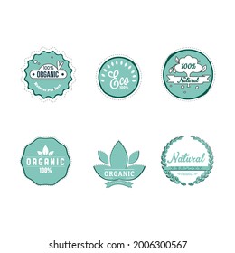 Eco friendly cartoon labels to mark organic and natural products, also items for vegan. Vector bio and eco label, natural sticker environmental, organic green and vegan illustration