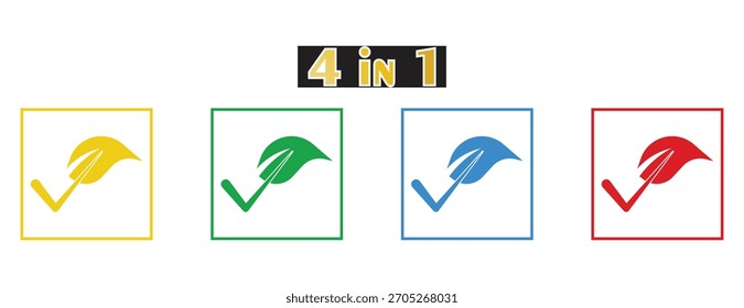 Eco Friendly Certified Icon Set, folha verde e marca de verificação